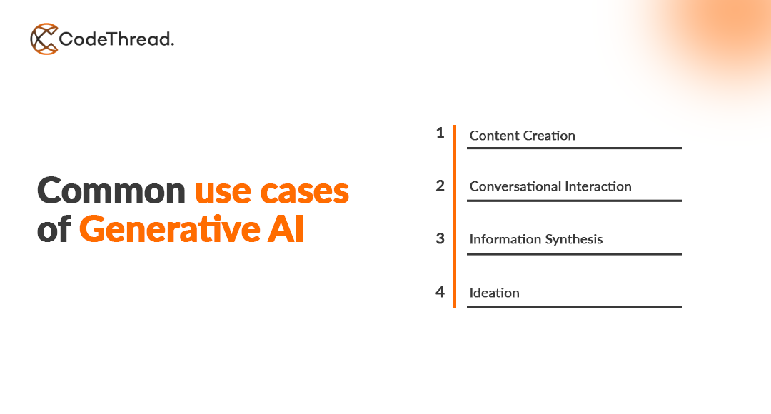 Common use cases of generative AI: content creation, conversational interaction, information synthesis, and ideation